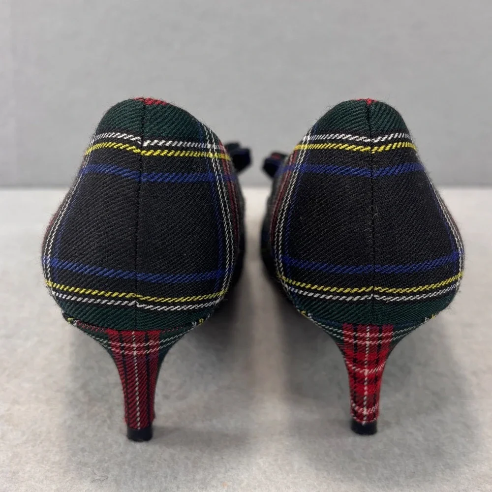 J.Crew Esme Tartan Plaid Kitten Heel Pumps W/ Bow Black & Red Sz 7.5 holiday